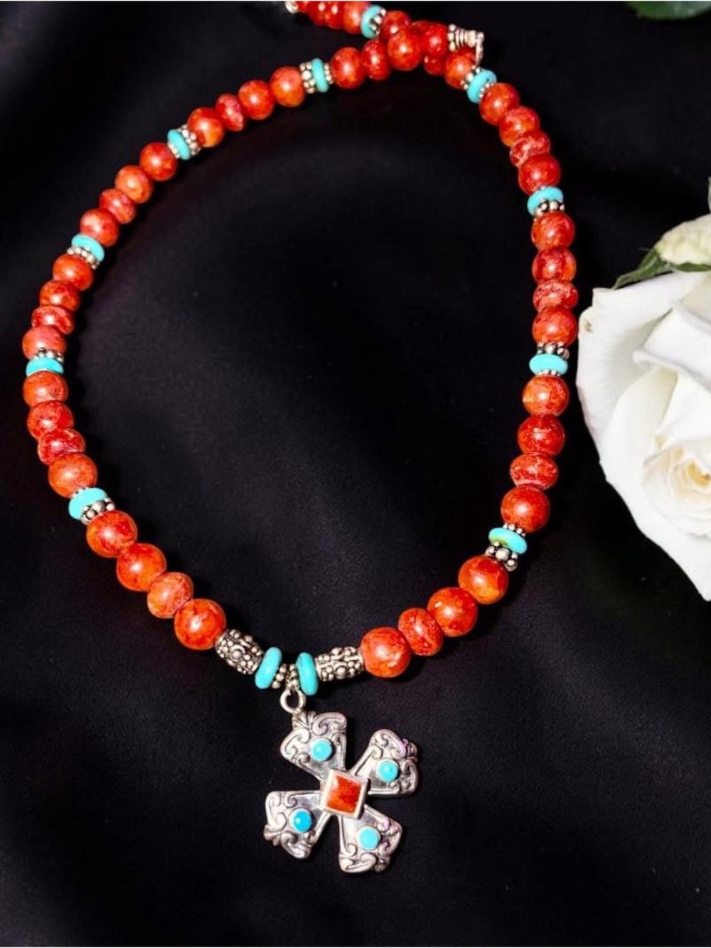 Designer Paige Wallace sterling silver coral and turquoise necklace